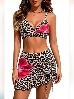 NWT 3-Piece Leopard & Floral Swimsuit Set with Skirt Cover-Up | Size Large